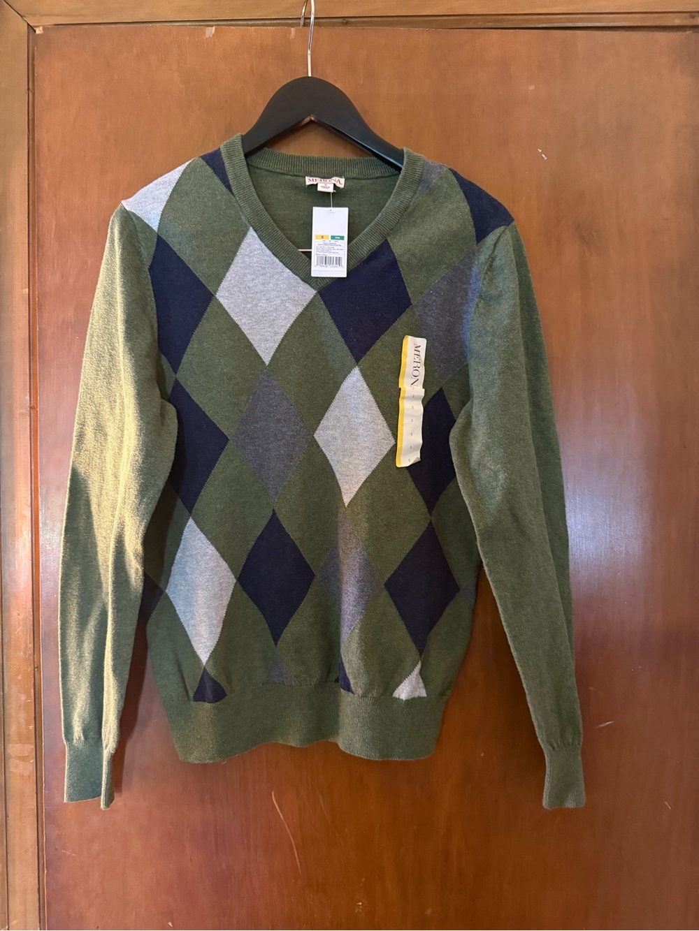 Merona Olive Green Argyle V-Neck Sweater with Navy and Gray Diamonds